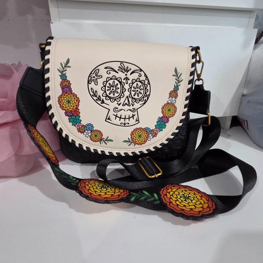 Disney Women's Faux Leather Floral Skull Loungefly Crossbody Bag, MultiColor